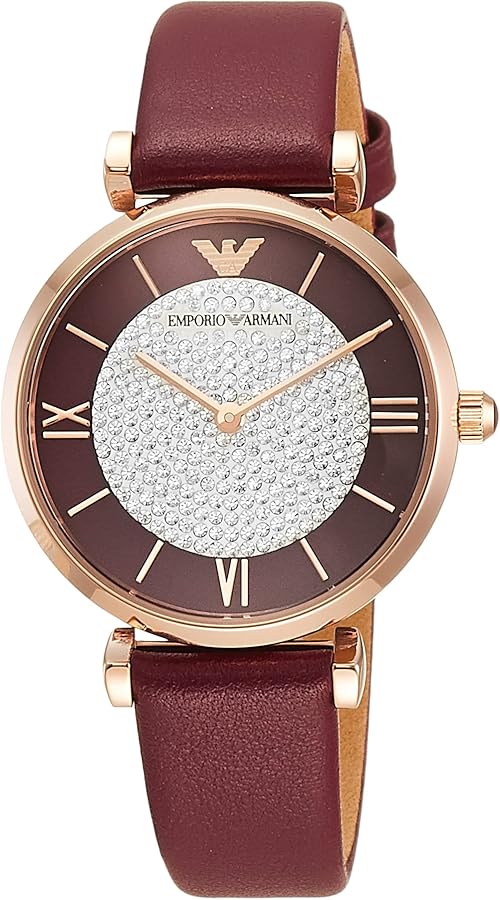 Emporio Armani Gianni T Bar Crystals Maroon Dial Maroon Leather Strap Watch for Women - AR11487 - Image 3